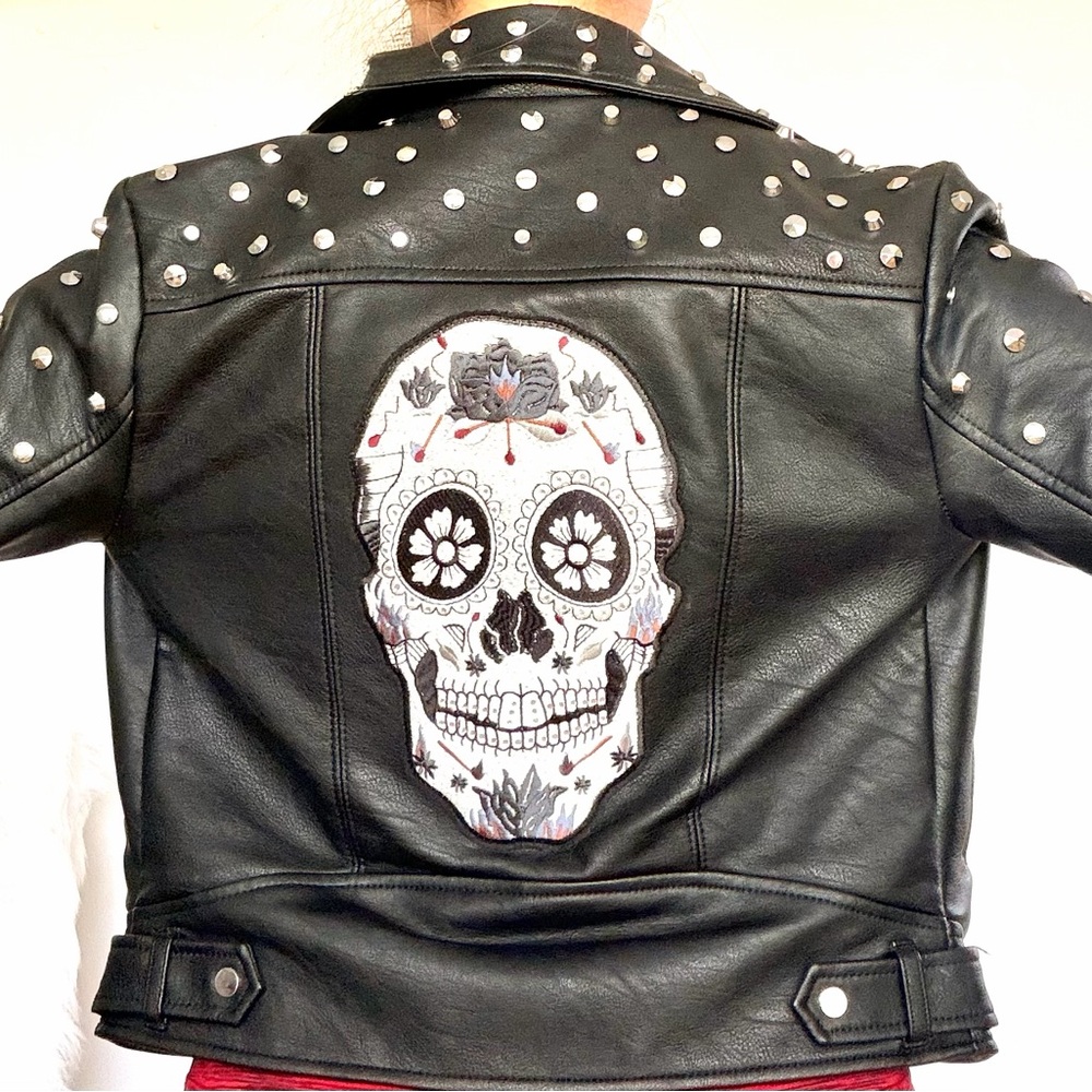 ✨Zara Studded Biker Jacket with Embroidered Sugar Skull- Rare Statement Piece ✨